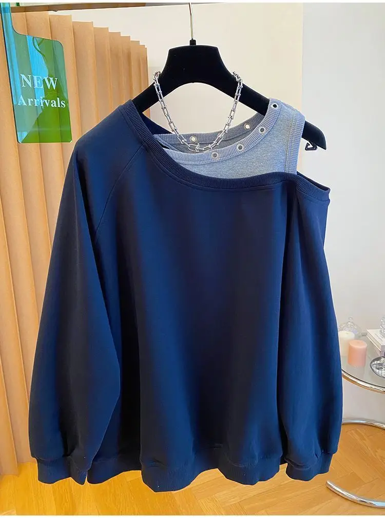 Fake Two Piece Casual Oversized Off Shoulder Sweatshirt Tops Women Designer Hollow Out Sweatshirt Fall Hoodie Jacket Outwear