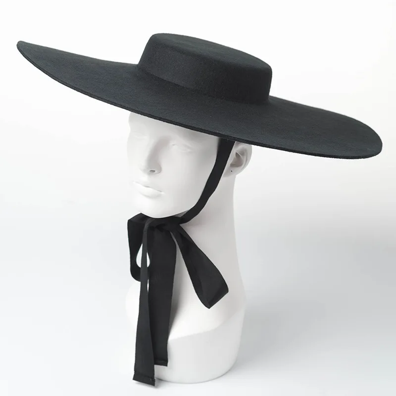 

Fashion light flat top big brim wool top hat catwalk concave stage big edge felt hat