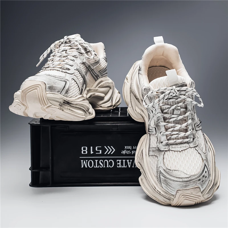 Men Vintage Distressed Dad Shoes Retro Fashion Thick Sole Sneakers Breathable Non-slip Street Casual Shoes New Arrival