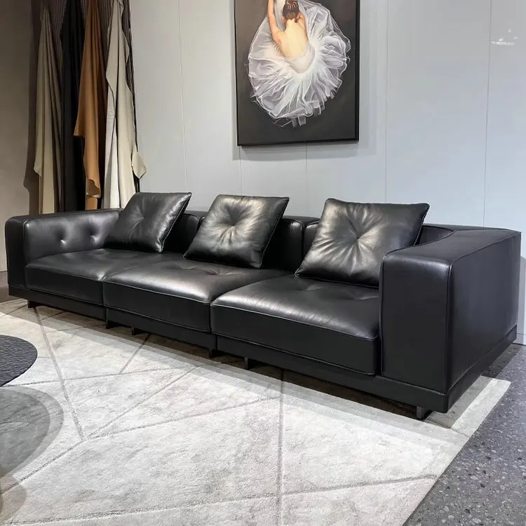 

The first layer of cowhide special-shaped Italian minimalist living room black straight row four people light luxury leather