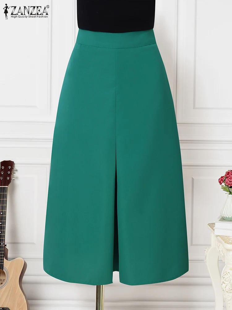 ZANZEA Fashion Women High Waist Long Skirts 2024 Summer Solid Elegant Bottoms Pockets Casual Pleated Knee-length Skirts Oversize