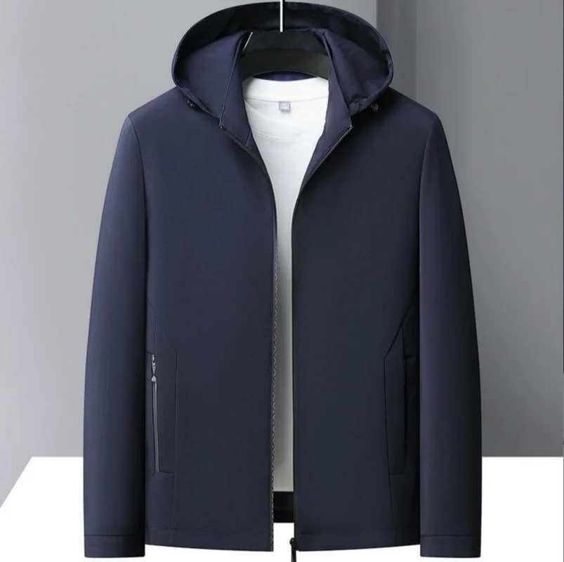 New Men's Spring Lapel Hooded  Zip-Up Jacket Spandex Fabric Casual Business Outerwear Windproof Anti-Wrinkle Coat