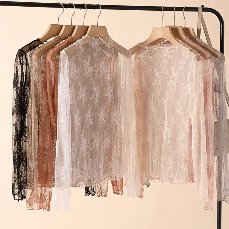 2025 여성용 레이스 밑단 셔츠 봄 여름 여성용 타이트 긴팔 자수 메쉬 탑 섹시 안감 셔츠 풀오버 블라우스 S-XL