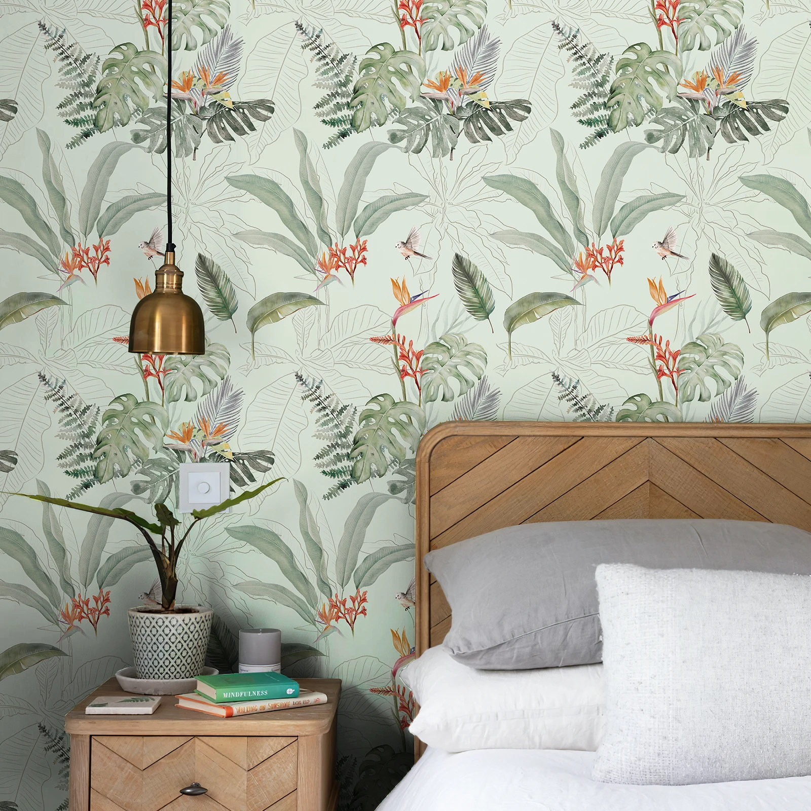 

Светло-зеленые обои с ботаническими птицами, водонепроницаемые, свежий декор для гостиной, шикарные обои с листьями для ванной комнаты