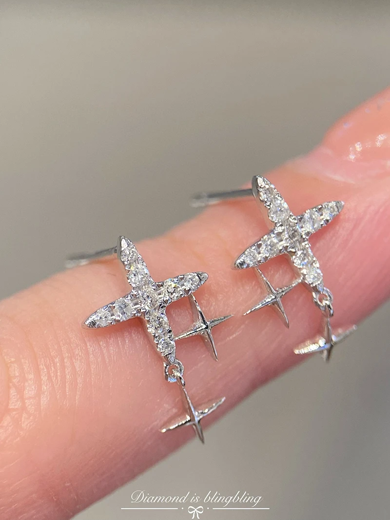KUGG 100% 18K White Gold Earrings Women Romantic Star Design INS Style Real Natural Diamond Stud Earrings High Wedding Jewelry