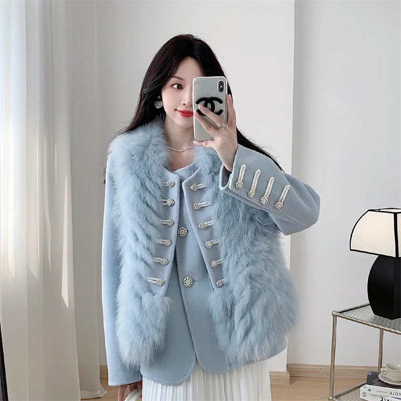 2024 Winter New Style One Piece Three Wear Double sided Cashmere Coat Women's Fox Fur Vest Two Piece Set Wool Fleece Fur Coat