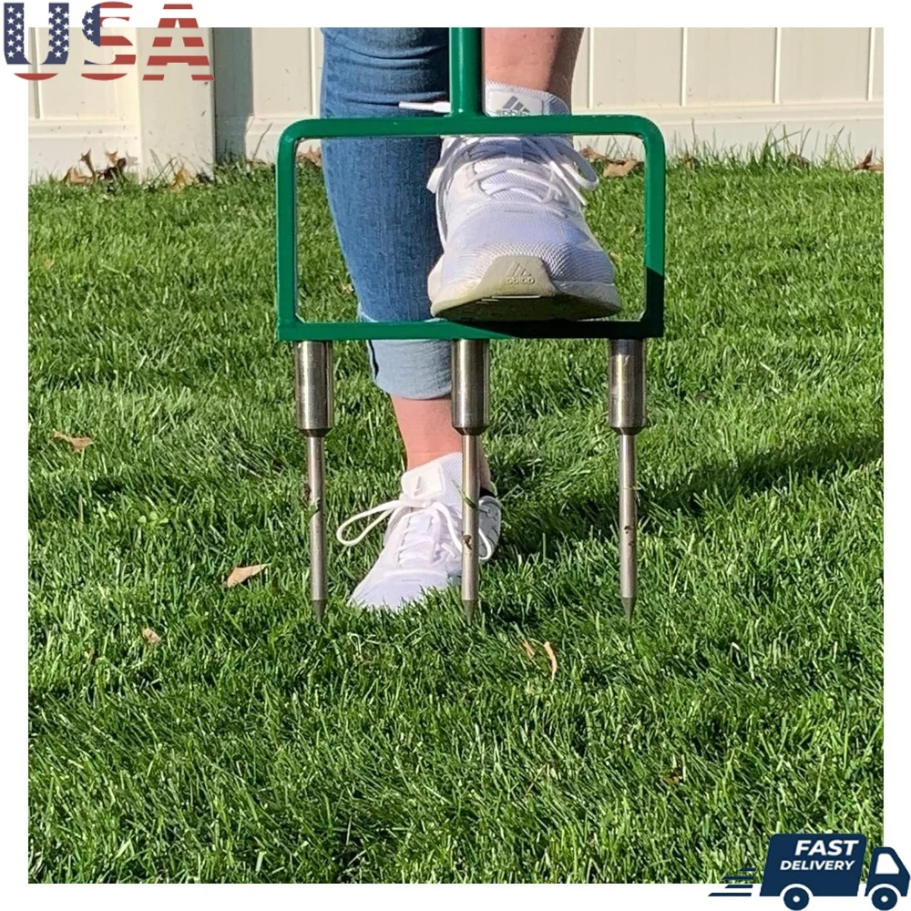 

42 Inch Manual Stainless Steel Lawn Aerator Tool Solid Spike Tine Fork Gardening Dethatcher Efficient Grass Care Heavy Duty