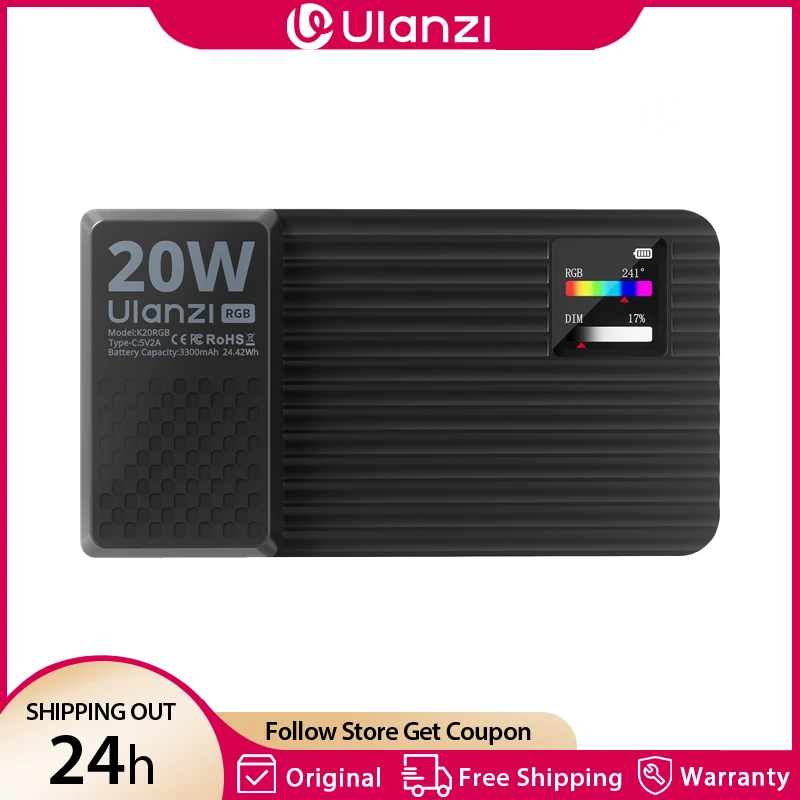 Ulanzi k20 rgb 20w painel de luz de vídeo led luz cct 1800-9000k 3200lux 3300mah luz completa para fotografia vlog streaming ao vivo