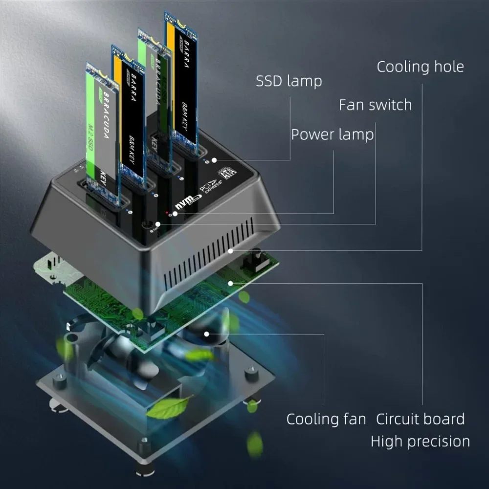 MAIWO M.2 NVMe SATA SSD 인클로저, 선풍기 냉각, 10Gbps USB C Gen2 외장 케이스, 하드 드라이브 디스크 복사, 4 베이 스토리지 박스 복사기