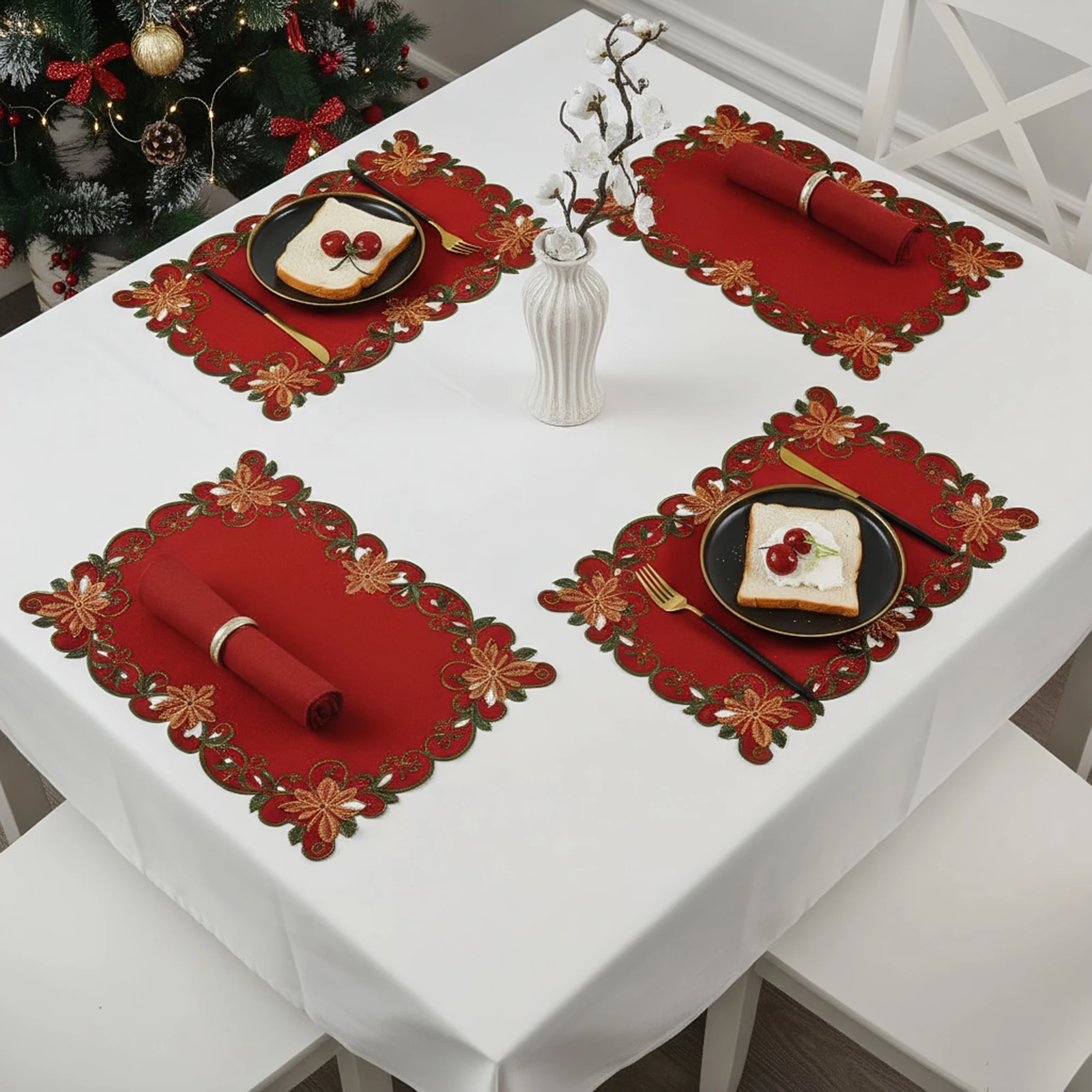 

4 Pcs Christmas Embroidered Flower Rectangular Red and Green Placemats Holiday Placemats Set for Party Kitchen Dining Decoration