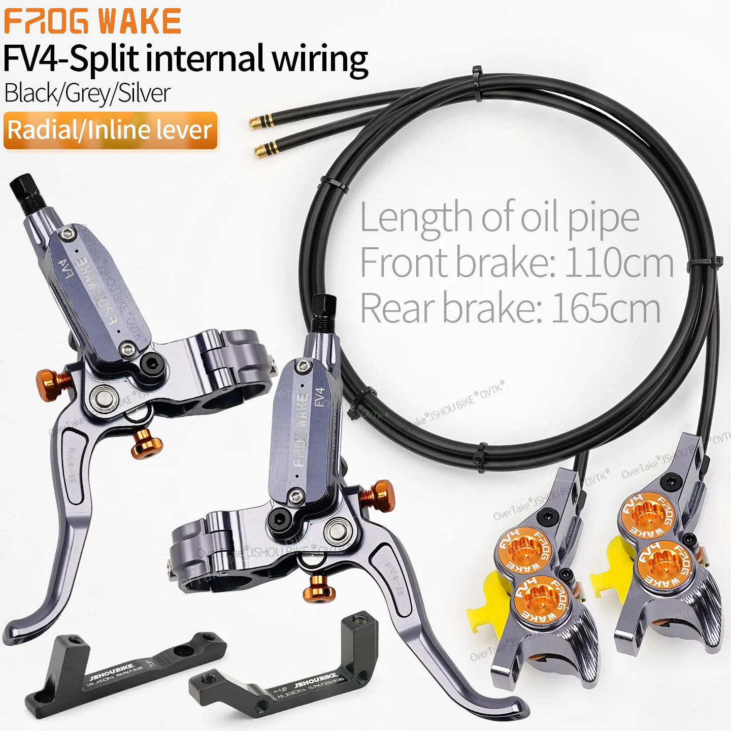 AliExpress JSHOU BIKE FROG WAKE FV4 4-piston hydraulic disc brake kit Split type aluminum inline radial Front /rear brake Grey/Silver/black bike part