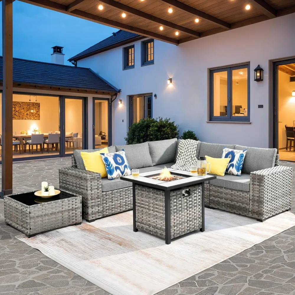 7 Pieces Patio Furniture Set, Outdoor Sectional Sofa Set with Fire Pit Table, Modern Modular Wicker Rattan Conversation Set