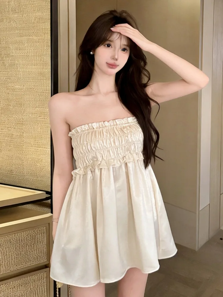 

Sweet Style Pure Desire One Shoulder Pleated Sleeveless Short Bustier Dress Women Summer Age Reduction Backless Slimming Outd...