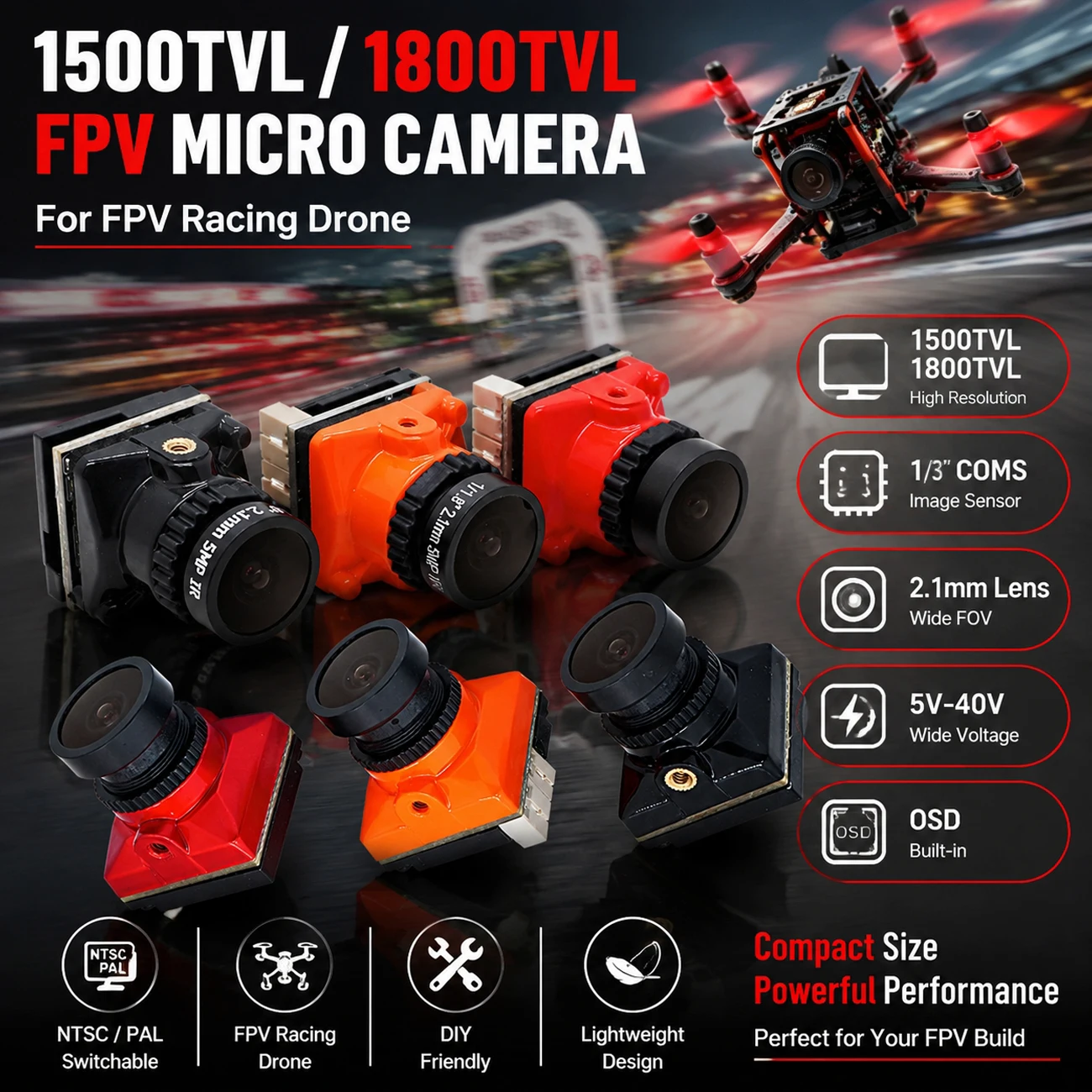 1500TVL / 1800TVL FPV Micro Camera 1/3 Coms 2.1mm Lens Power 5V-40V NTSC/PAL with OSD Internal for RC FPV Racing Drone DIY Part
