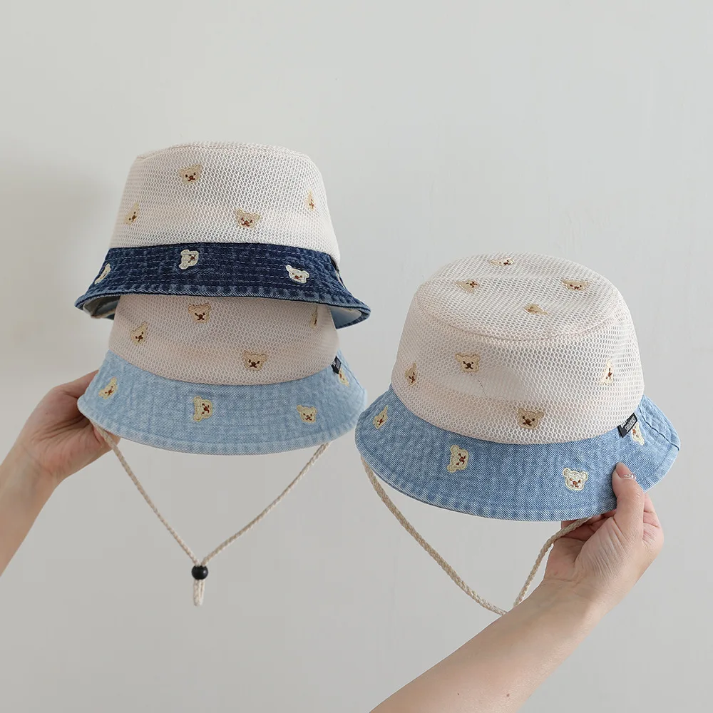 

2026 Mesh Summer Baby Caps Lovely Bear Embroidery Pattern Kids Boys Girls Outdoor Sun Hats Soft Denim Children Fisherman Hat
