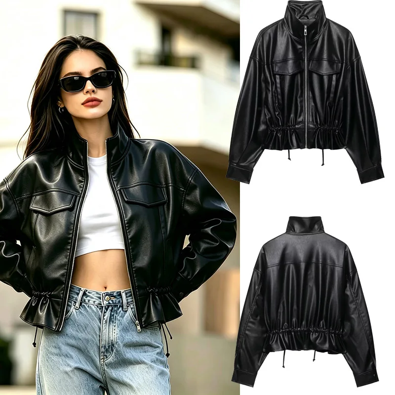 Women's Faux Leather Stand Collar Jacket with Drawstrings Casual Long Sleeve Short Outerwear Zipper Decorated Adjustable Waist