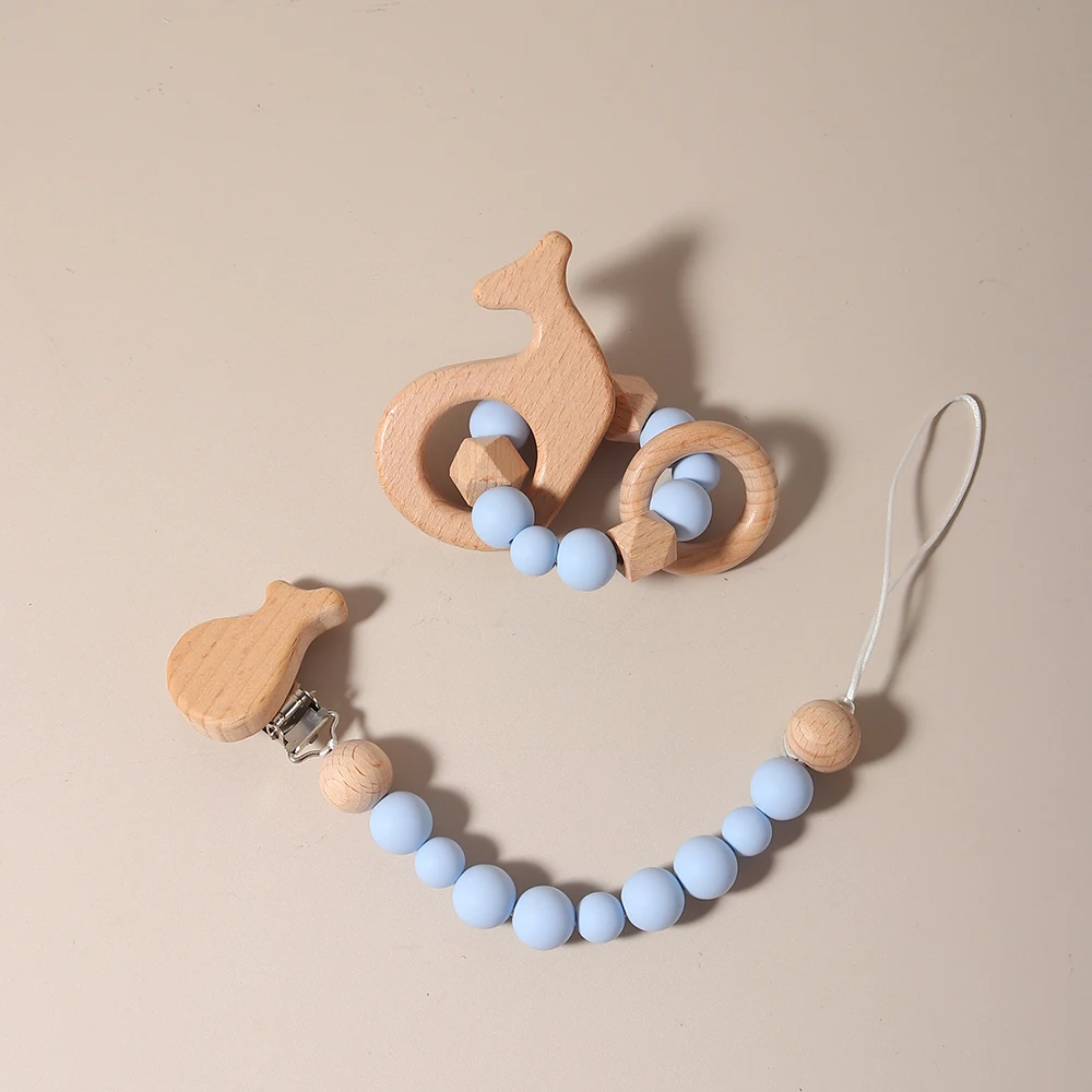 New Baby Pacifier Chain Clips Wood Bird Teether Silicone Round Beads Teething Chain Soother Chew Toys pacifier chain set