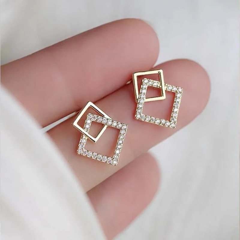 Korean Geometric Double Layers Rhombus Earrings for Women Gold Color Crystal Temperament Earring 2024 Fashion Jewelry Gift