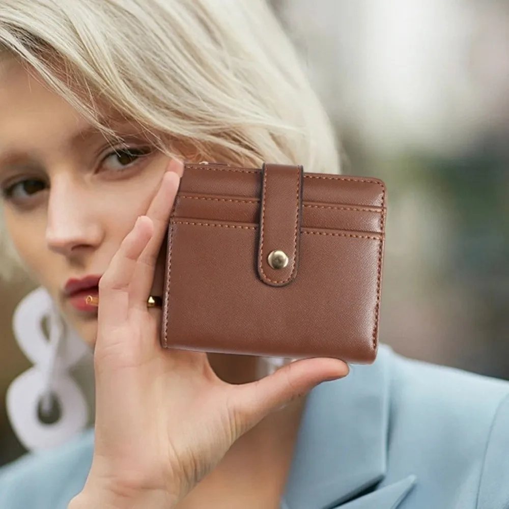 Tarjetero, billetera corta triple de cuero PU, bolso para tarjetas colgante multifunción con llavero, bolso de bolsillo portátil para exteriores