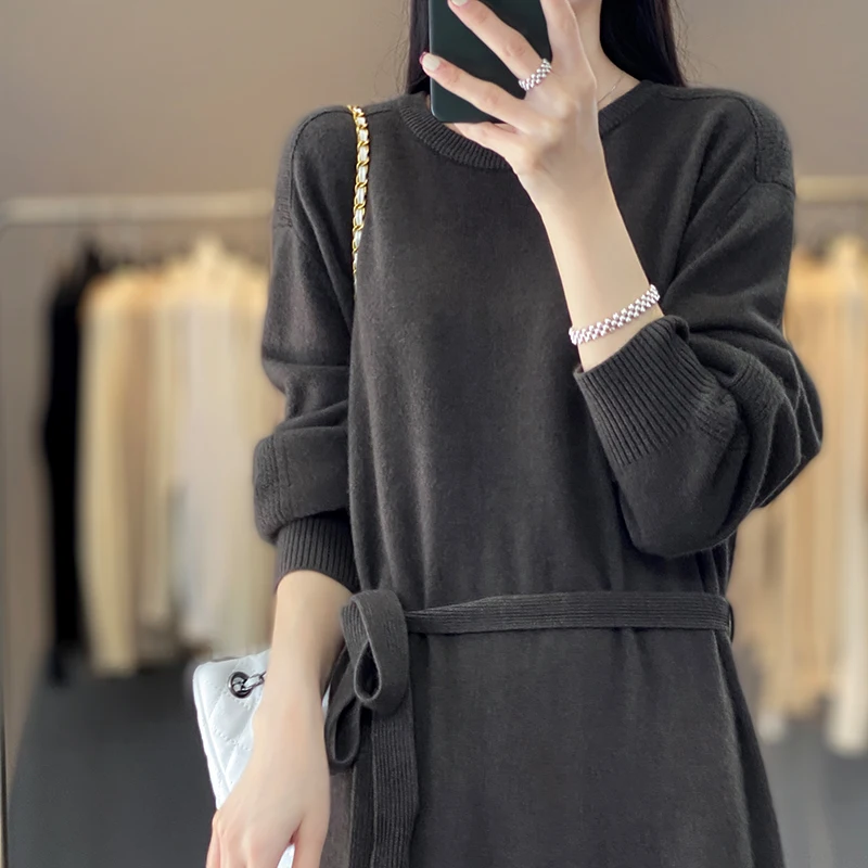 Autumn and Winter New Round Neck Pure Cashmere Knitted Winter Dress Women\'s Length Over The Knee Loose Cashmere Sweater Dress