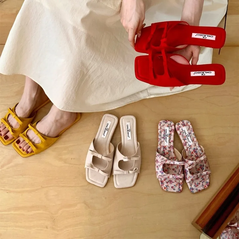 French Slippers Women Outer Wear 2026 Niche Flat Square Toe Bow Cold Slippers Beach Shoes - view 3