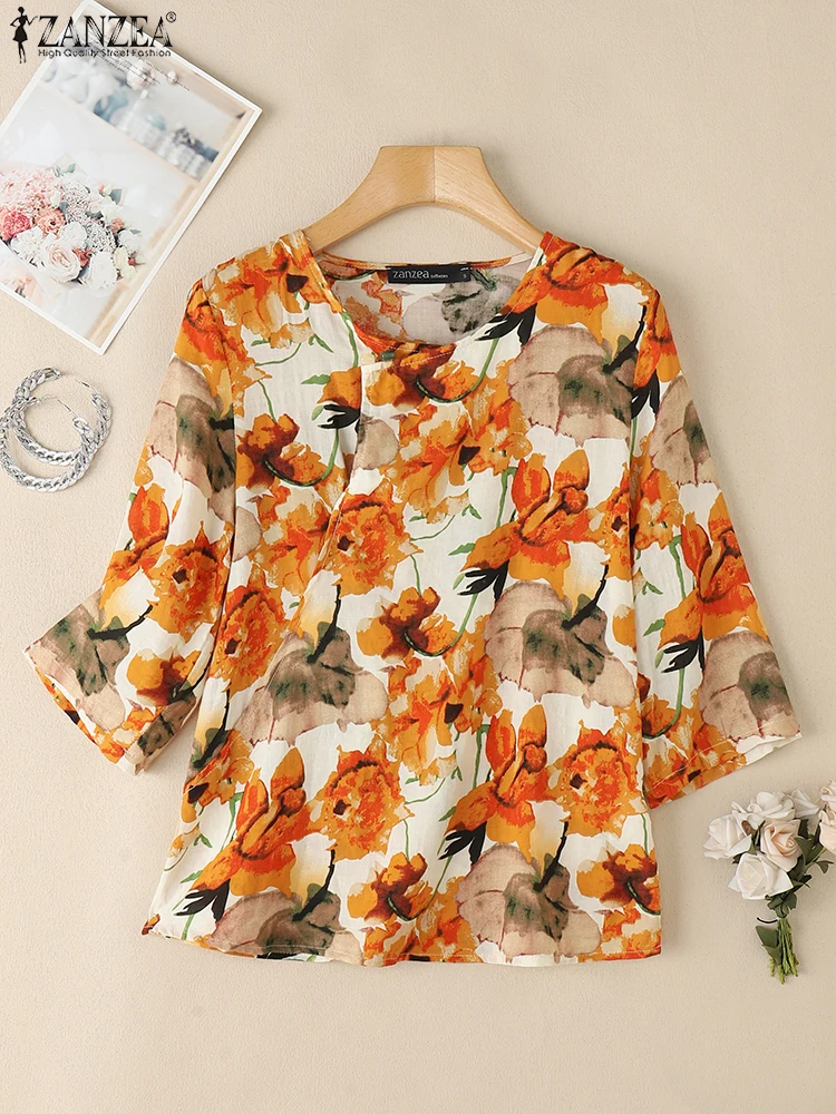 

Bohemain Floral Printed Blouse ZANZEA 2025 Summer Women Tops Vintage O Neck 3/4 Sleeve Blusas Casual Loose Holiday Tops Tunic