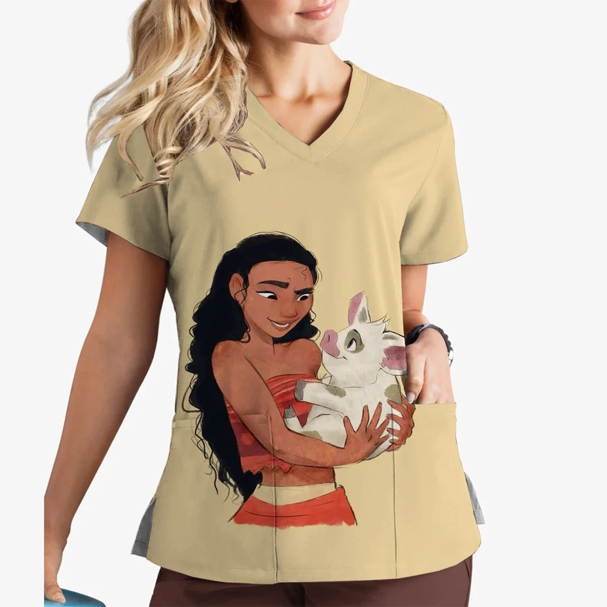 Top con stampa principessa Disney Moana con scollo a V, top a maniche corte, infermiera ospedaliera, badante, negozio di animali domestici, uniforme da lavoro