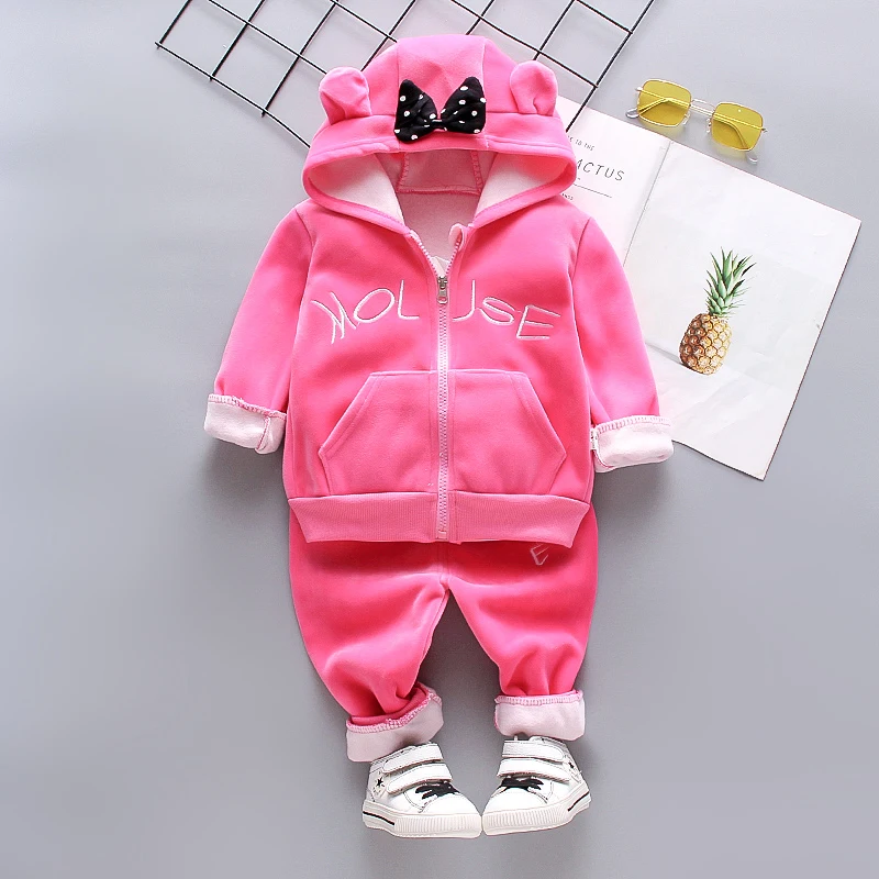 Girls Fleece Bear Ear Bow Hoodie Jacket + Velvet Pants 2Pcs Set Kids Warm Winter Outfit Clothing