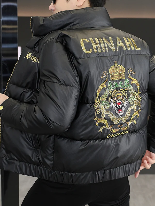 

High Quali Men's Cotton Jaet Winter Faion Print Stand Collar Embroidery Warm Sli Polyester Fiber Long Sve Coat