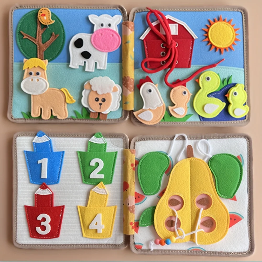 인터랙티브 바쁜 보드가있는 벨벳 농장 이야기 책 동물 야채 모양 시즌 인식 유아를위한 조기 학습 장난감
