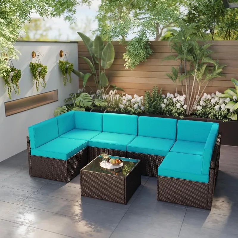 

7Pcs Patio Furniture Sets, Patio Sectional Sofas, All-Weather Brown PE Wicker Outdoor Couch Patio Seating with Pillows & Coffee