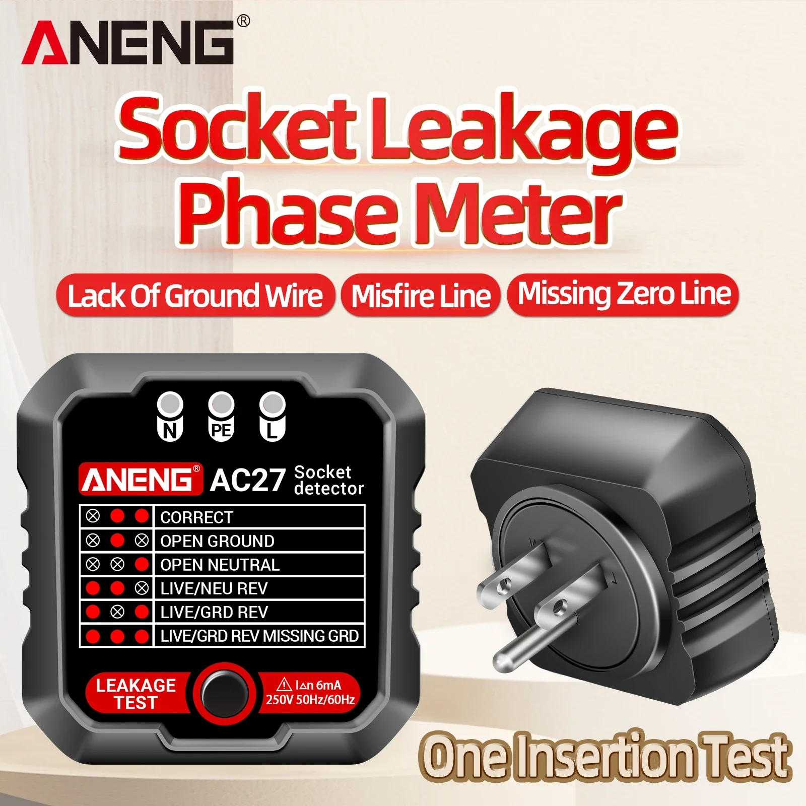 Portable EU/US Plug Detector ANENG AC27 Socket Voltage Tester Ground Neutral Polarity Phase Checker Home Electrical Wiring Fault