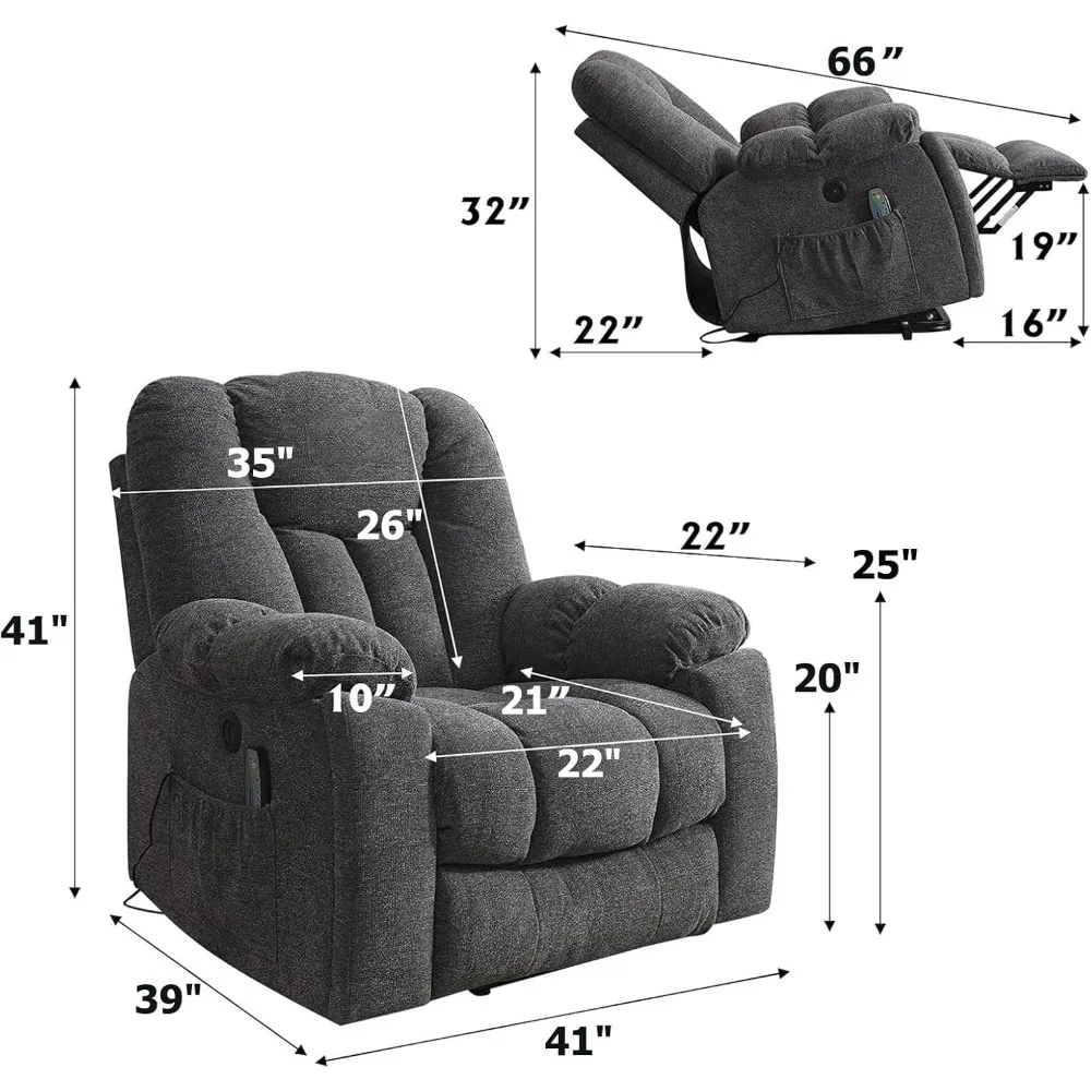 Power Lift Recliner Chair with Massage and Heat for Elderly, Overstuffed Wide Recliners, Heavy Duty and Safety Motion Reclining