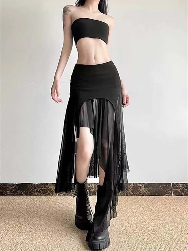 2025 불규칙 메쉬 스커트 여성 Y2k 핫걸 스타일 하이웨이스트 러플 스커트 슬림핏 빈티지 패션 여성 의류
