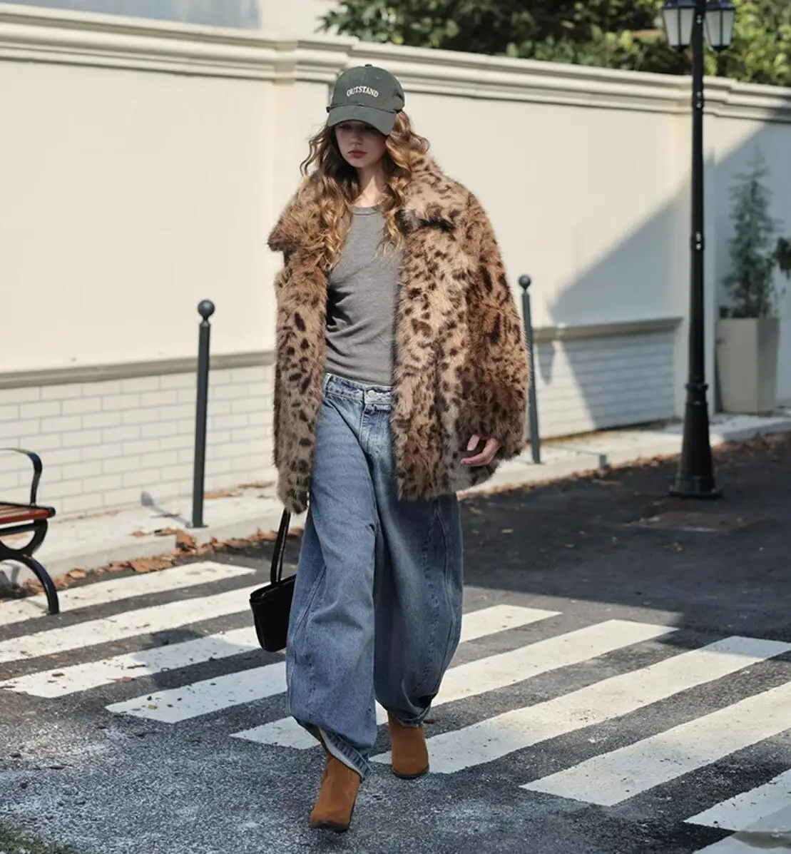 CHILL Winter Notched Coffee Leopard Faux Fur Coat Full Sleeve Shaggy Women Warm Jacket Soft Furry Loose Outerwear