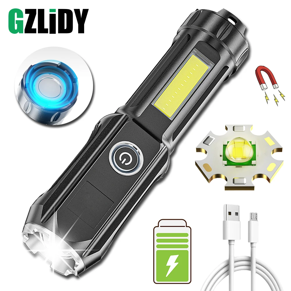 

USB Rechargeable LED Flashlight Mini COB Torch with Tail Magnet Waterproof Zoom Camping Lantern 4 Modes Powerful Fishing Light