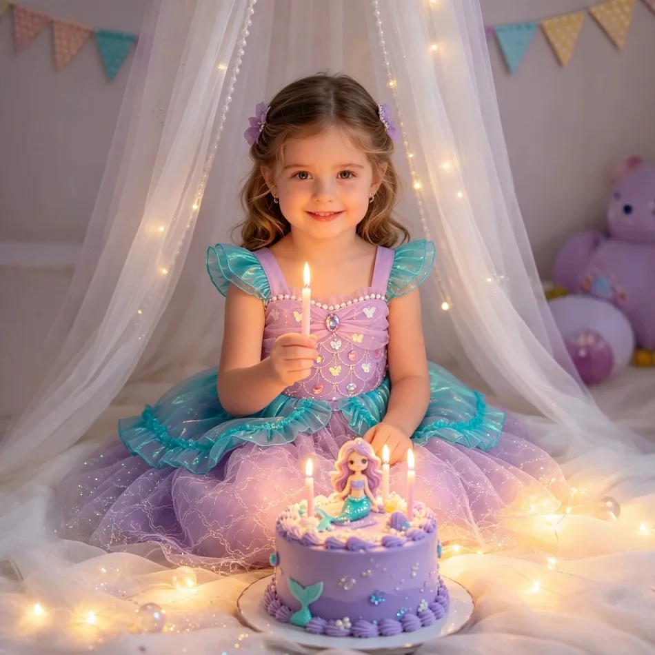 Girls Purple Mermaid Scale Sequin Tulle Dress Gown Kids Summer Outfit for Beach Holiday Birthday Party Halloween Costume ZD36