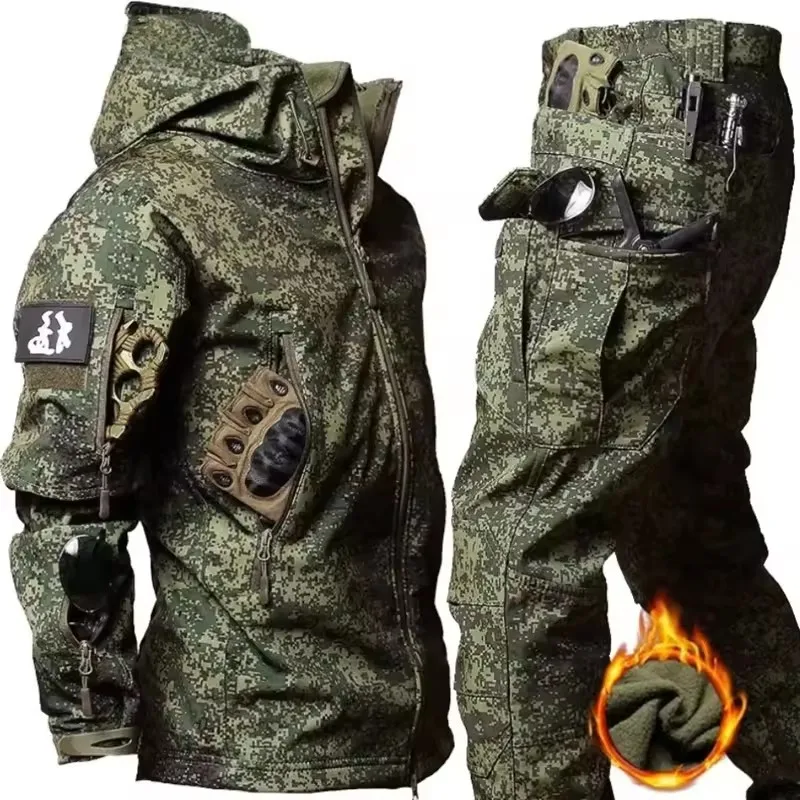 Winter Men Fleece Tactical Jacket Waterproof Suits Outdoor Cargo Pants Fishing Training Hiking Camping Tracksuits Coat Thermal