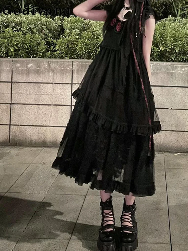 

Black Rose Sweet Lolita Solid Color A-line Long Suspender Princess Dress Girl Jsk Uniform Cute High Waist Temperament Dresses