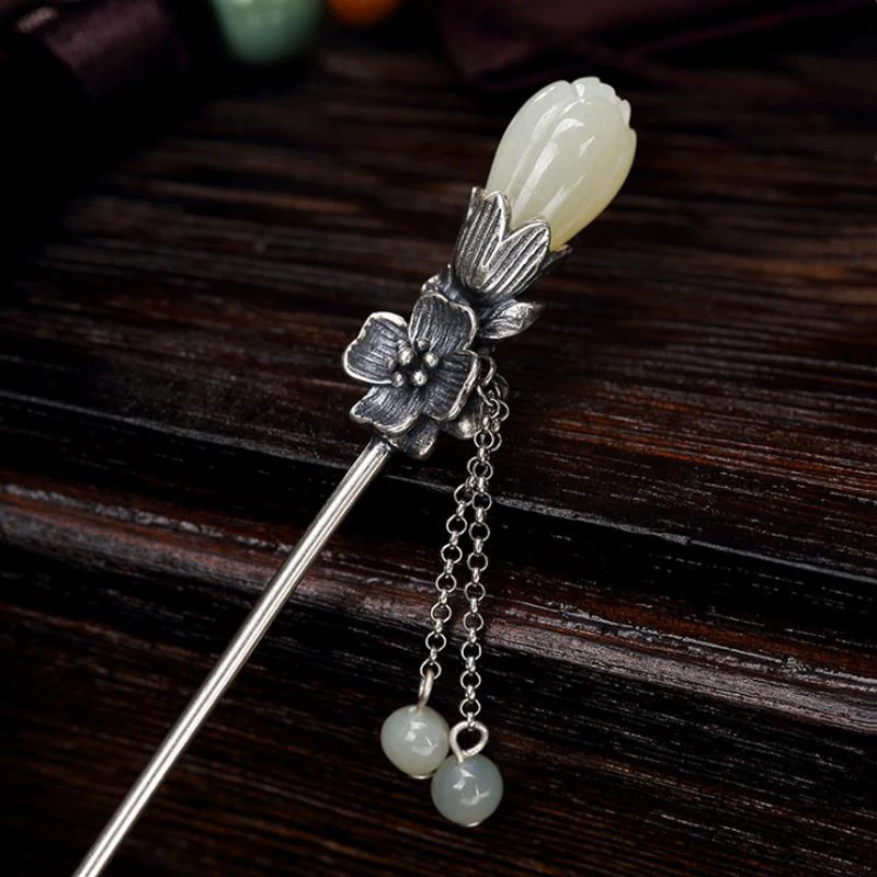 

Natural Hetian Magnolia Flower Tassel Pendant Ladies Silver Hairpin Chinese Style Retro Charm Hanfu Accessories Jewelry