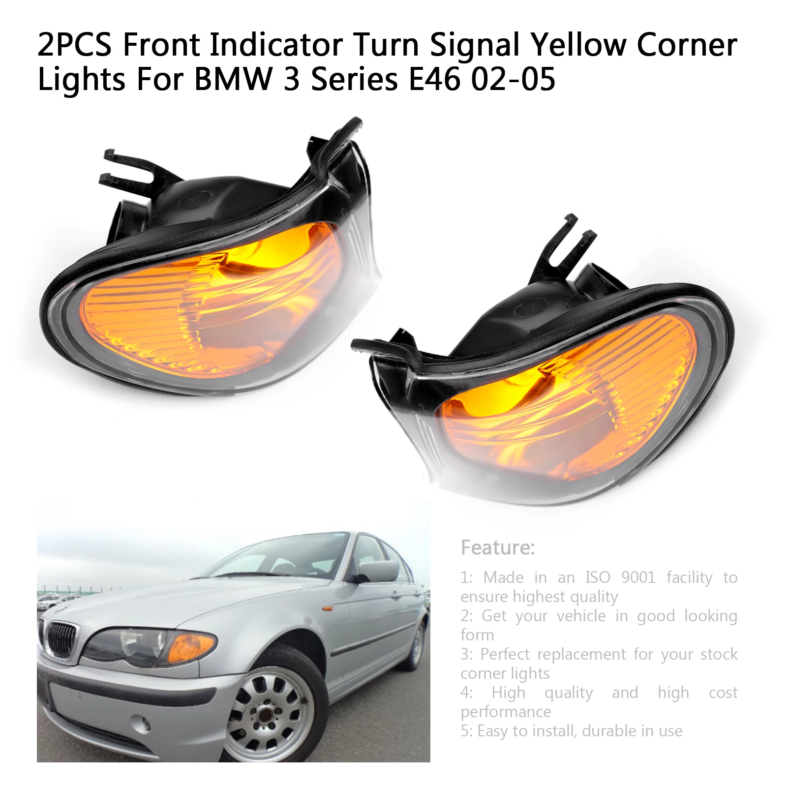 Areyourshop 2PCS Front Indicator Turn Signal Yellow Corner Lights for BMW 3 Series E46 2002-2005