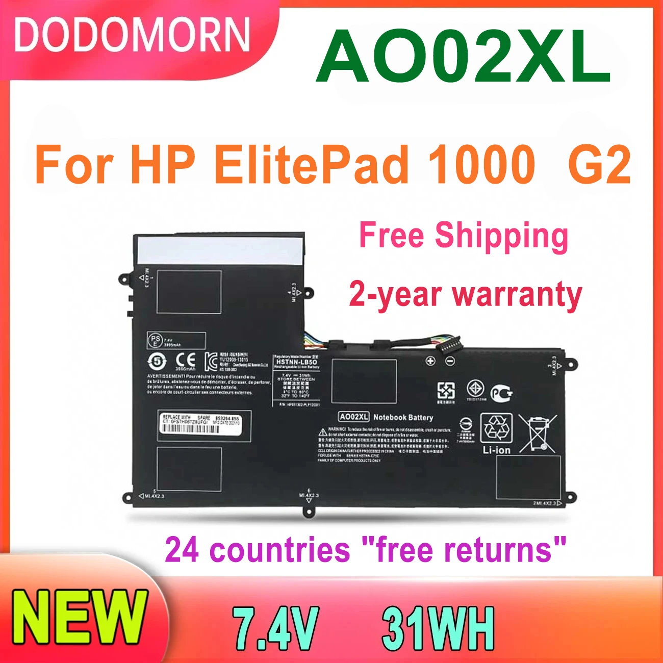 

DODOMORN AO02XL Battery For HP ElitePad 1000 G2 Laptop Series HSTNN-LB5O HSTNN-IB5Q HSTNN-UB5O HSTNN-C78C 728558-005 728250-421