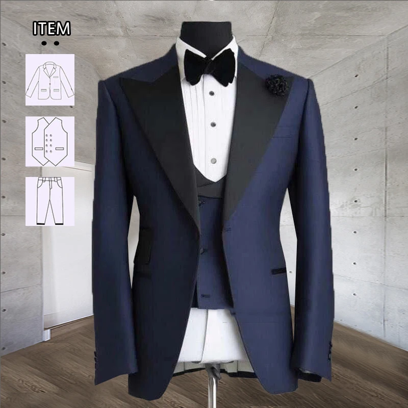 

Navy Blue Suits Men For Wedding Black Peaked Lapel Coat Regular 3 Pieces Groom Tuxedo Tailor-Made Blazer Vest Pants Male Dress