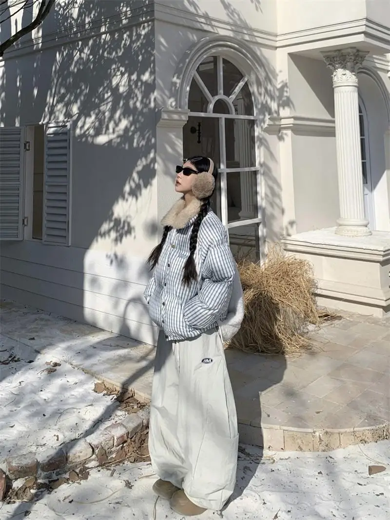 

Женское зимнее универсальное хлопковое пальто American Sle Thiened с меховой отделкой, хлопковая верхняя одежда в полоску с свободным воротником