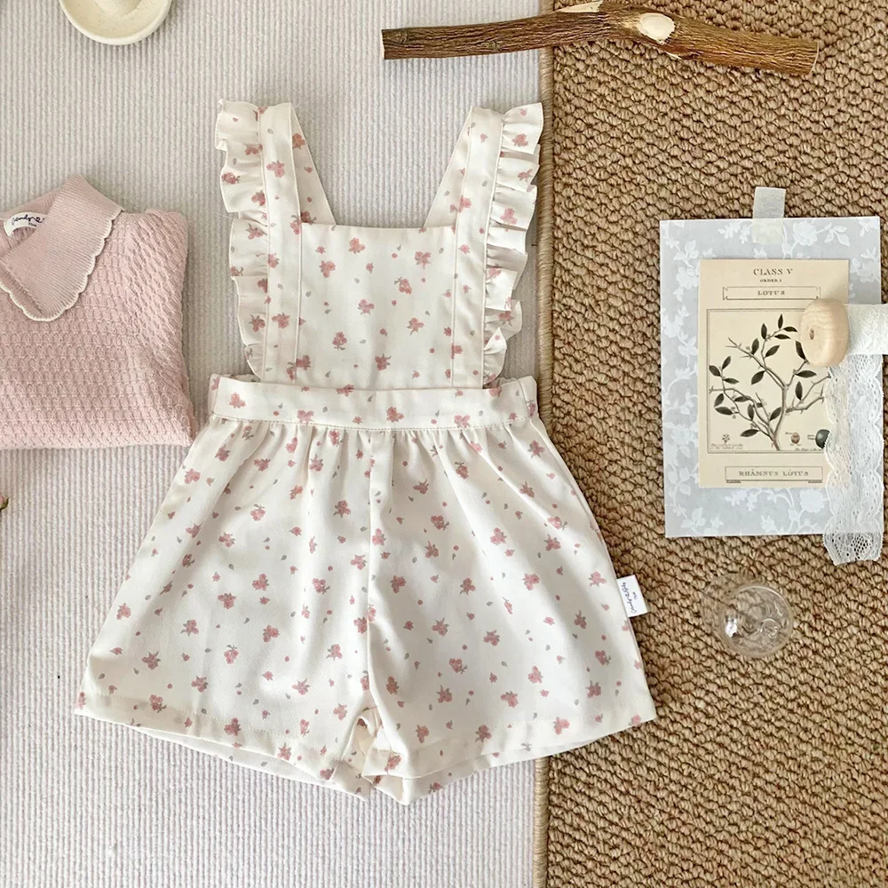 

2024 Spring New Korean Style Toddlers Girls Printed Bodysuits Shorts Ruffles Sleeveless Baby Kids Jumpsuits Shorts