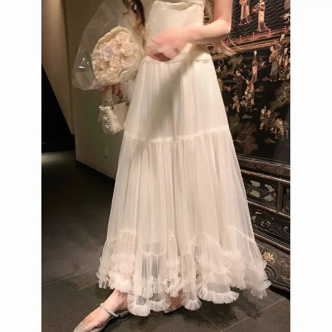 Korean Fashion Mesh High Waist Skirt Women Chic Ruffles Skirt Elegant All Match Black Party A Line High Elastic Waist Midi Skirt