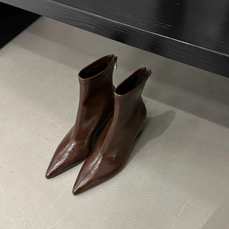 2025 New Autumn Women Boots Pointed Toe Wedges Modern Boots Microfiber Women Shoes Short Boots High Heels Stretch Shoes