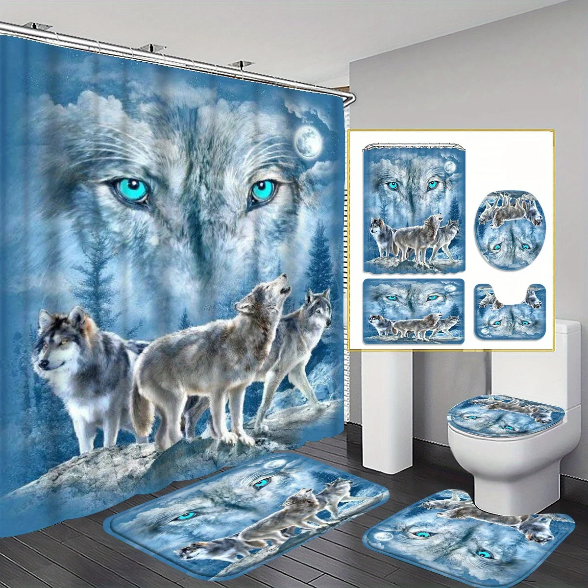 4pcs Wolf King Wolf Pack Bath Curtain Set - Shower Curtains with Waterproof, Modern Design, 12 Hooks, and 3-Piece Toilet Floor