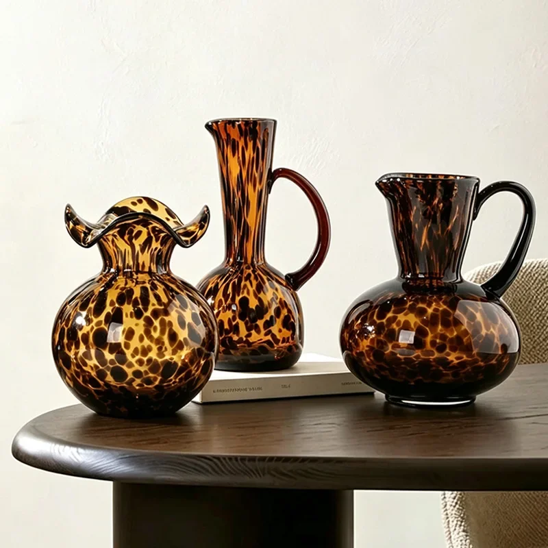 Amber Glass Vase with Irregular Spots, Leopard Print Crystal Vase, Flower Arrangement, Hydroponic Plant, Glass Container