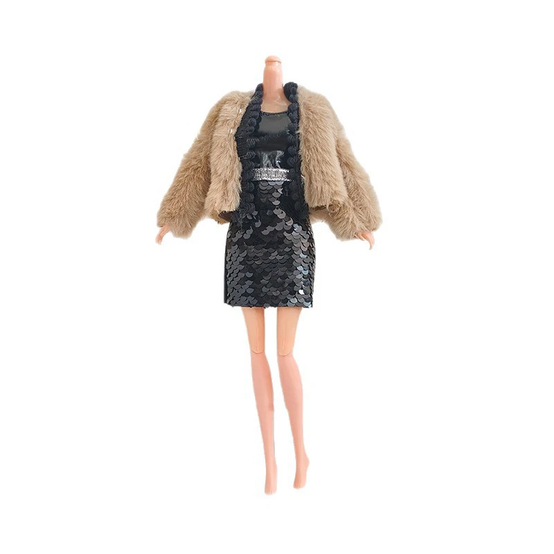 30cm boneca vestir-se roupas acessórios pele lantejoulas colete vestido + jaqueta conjunto 1/6 bjd moda princesa boneca vestidos festa roupas diárias